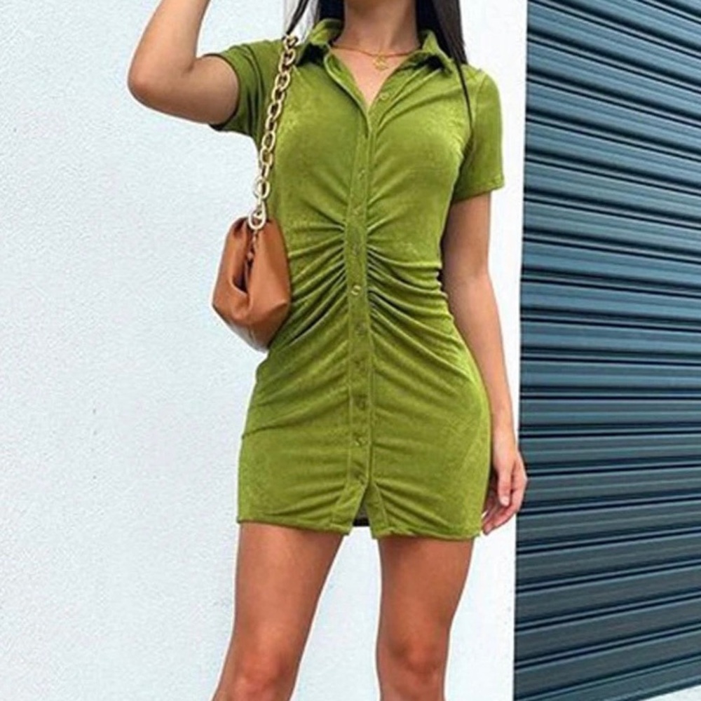 Olive Green Short Sleeve Ruched Front Shirt Dress| Small